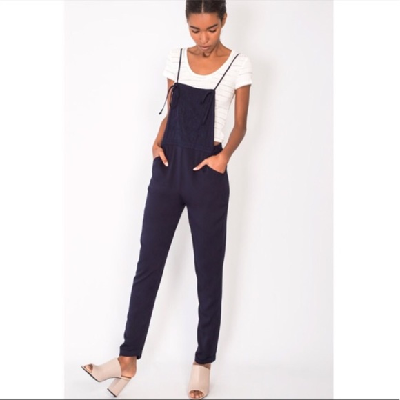 Pants - Navy Embroidered Overalls